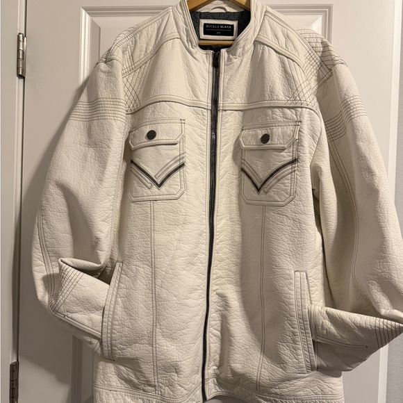 Buckle Black Zip Up Moto Bomber Biker White Faux Leather Jacket Mens 2XL Casual